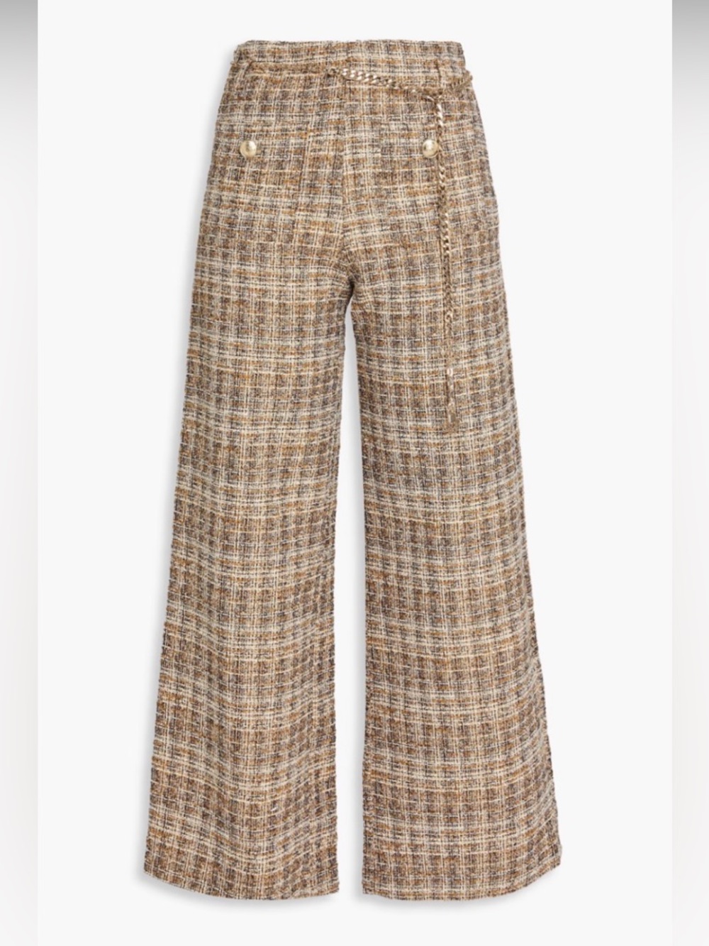 MAJE High-Waist Wide Leg Tweed Pants in Brown Plaid SIZE 36